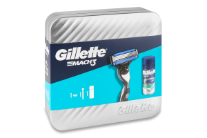 Gillette Mach3 Комплект за Мъже (Самобръсначка + 2 резервни ножчета + Гел за бръснене 75мл + Метална кутия)