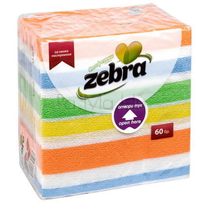 Салфетки Zebra черга, с принт на райе, 60 бр.