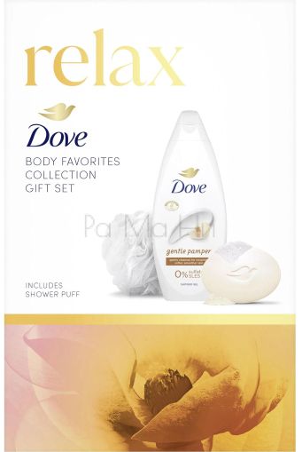Dove Relax Комплект Gentle Pamper (Душ гел 250 мл + Сапун 90 гр + Гъба)