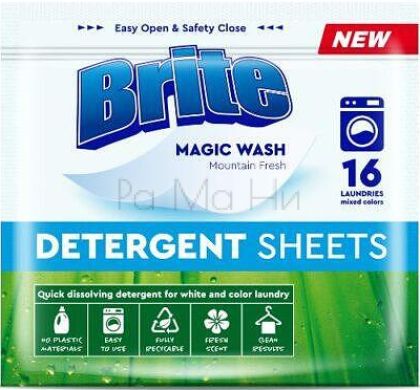 Brite Magic wash Detergent sheets Кърпи за пране Планинска свежест, 16 бр