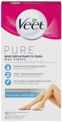 Veet PURE Sensitive Skin Депилиращ ленти за тяло за чувствителна кожа, 40 бр