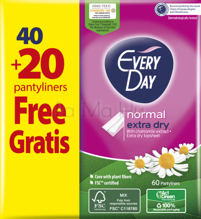 Ежедневни превръзки EveryDay Normal Extra Dry с лайка, 40+20бр.