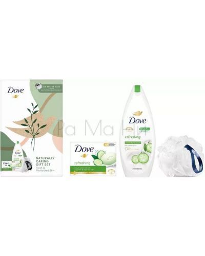 Dove Дамски Комплект с аромат на Краставица (Душ гел 250 мл + Гъба + Тоалетен сапун 90гр)