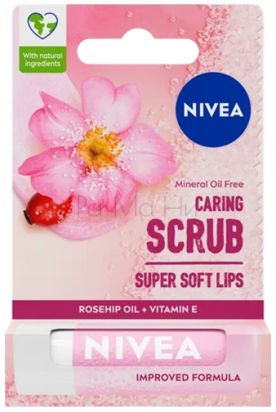 NIVEA Caring Scrub Rosehip Балсам-скраб за устни с шипка, 5.5 мл