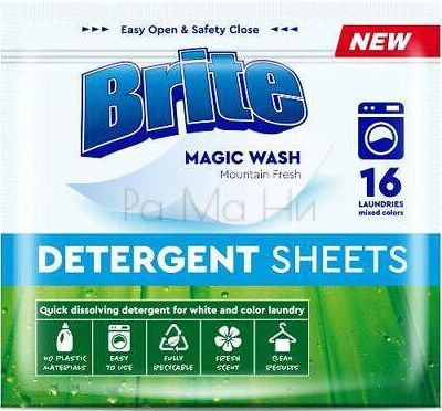 Brite Magic wash Detergent sheets Кърпи за пране Планинска свежест, 16 бр