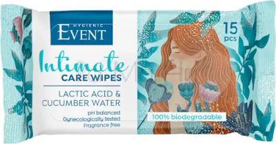 Event Hygienic Intimale Care Wipes Влажни кърпички за интимна хигиена с вода от краставица, 15 бр.